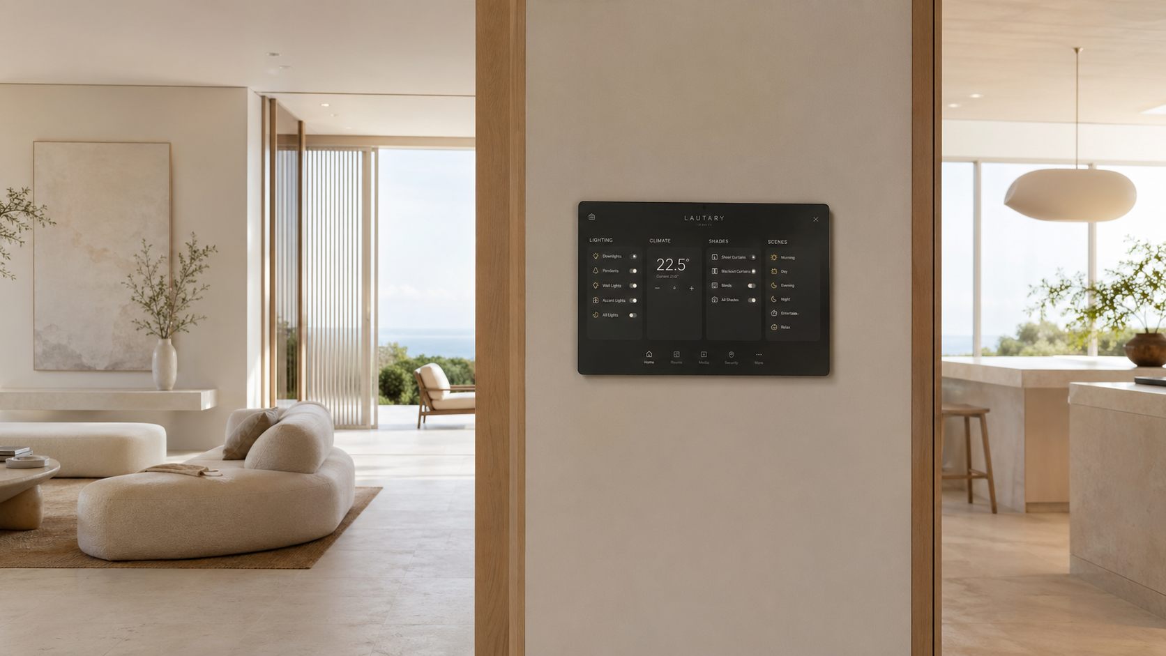 Wall mounted Lautary smart home controller in a luxury living space
