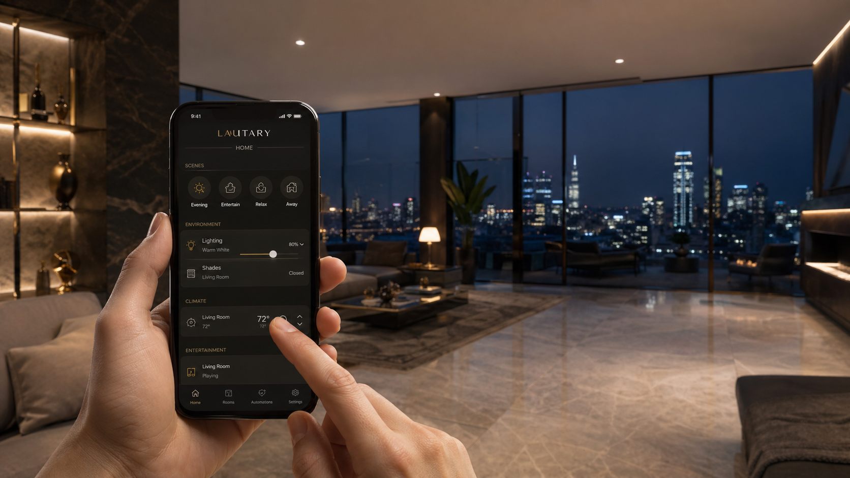 Lautary mobile control for lighting, climate, shades, scenes, security, and music